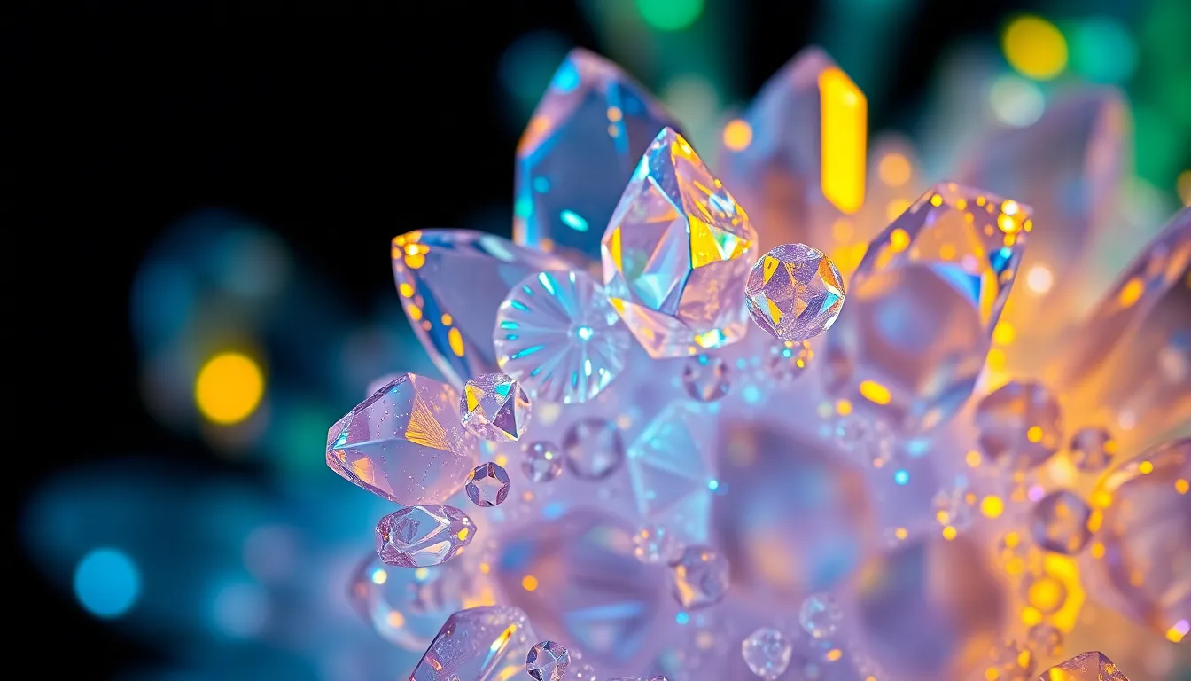 This captivating image presents a stunning view of a crystal structure observed under polarized light microscopy. The brilliant colors and intricate patterns emerge sharply, thanks to the cross-polarization technique used. The vibrant color palette of blues, greens, and yellows contrasts beautifully with the soft bokeh of the background, creating a mesmerizing visual experience. The centered composition draws the viewer into the world of crystallography, inviting exploration of the complexity and beauty of natural structures.