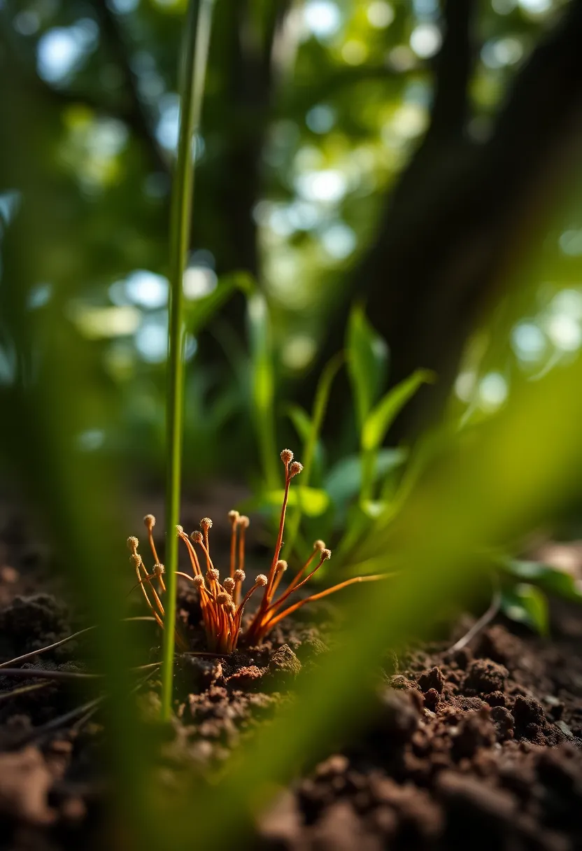 This captivating image presents a microscopic view of soil microbes, beautifully illuminated by dappled daylight filtering through a tree canopy. The shallow depth of field softens the background, creating a dreamy effect that highlights the intricate details of the microbes. The natural muted tones, rich greens, and browns give the image an organic feel. Leading lines created by surrounding plant material guide the viewer's eye into the fascinating world of soil life.