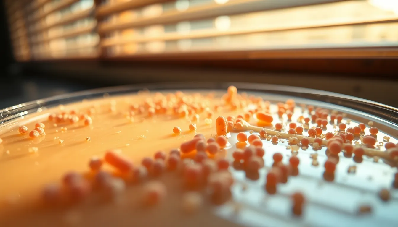 This close-up image showcases bacterial colonies growing on an agar plate, illuminated by soft daylight. The shallow depth of field directs attention to the intricate details of the colonies, while the muted colors add an organic quality. The leading lines formed by the agar dish guide the viewer’s eye toward the vibrant growth, creating an engaging composition. This image serves as a captivating representation of microbiological study.