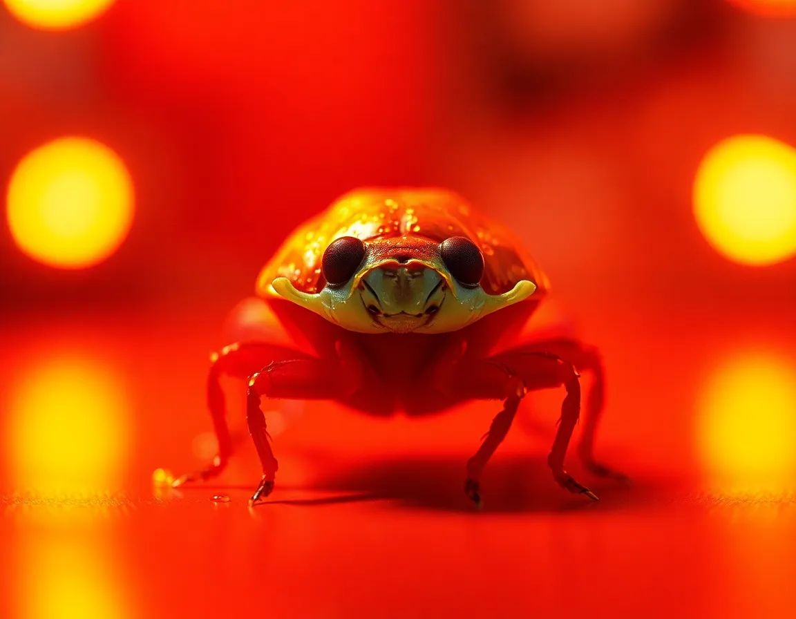 This stunning microscopic image showcases a vibrant organism captured under warm tungsten light. The selective focus accentuates the subject's intricate details while the background melts into a gentle bokeh, enhancing the visual impact. The vibrant colors, inspired by Kodachrome, give the image a lively charm. The symmetrical composition draws the eye toward the captivating organism, while tiny water droplets add to the vividness of the scene.