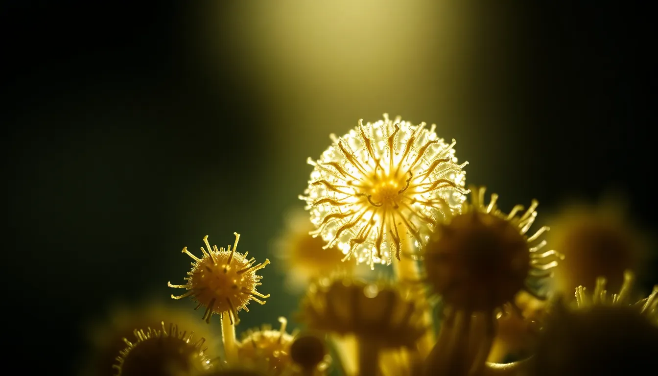 This captivating image displays a close-up view of pollen grains captured under a microscope. The fine details of the grains are illuminated by striking backlight, creating a dramatic effect that highlights their structures. The muted earth tones offer a natural aesthetic, evoking a sense of the organic world. Positioned thoughtfully within the frame, the composition draws the viewer's attention to the fascinating complexities of these microscopic entities.