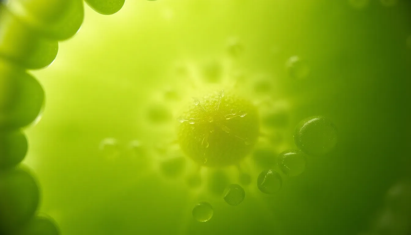 This photorealistic image captures the intricate details of a plant cell viewed under a microscope. The vibrant colors highlight the structure of the cell walls and organelles, while soft, natural lighting enhances the texture and depth. With a shallow depth of field, the focus is on the cell's intricate features, creating an immersive view into the microscopic world. The composition emphasizes symmetry, making the cellular details stand out.