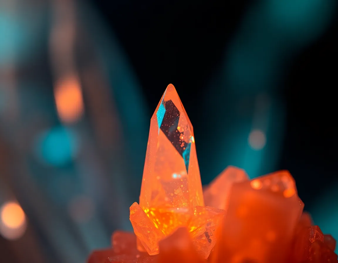 Microscopic Crystal Structure This image reveals a stunning microscopic view of a crystal structure, dramatically illuminated with neon backlighting that highlights its sharp edges and facets. The shallow depth of field creates a dreamy bokeh in the background, drawing attention to the crystal's intricate details. Cinematic teal and orange tones provide a contemporary touch, while the rule of thirds composition adds visual interest. This artwork explores the beauty of crystalline forms through a scientific lens.