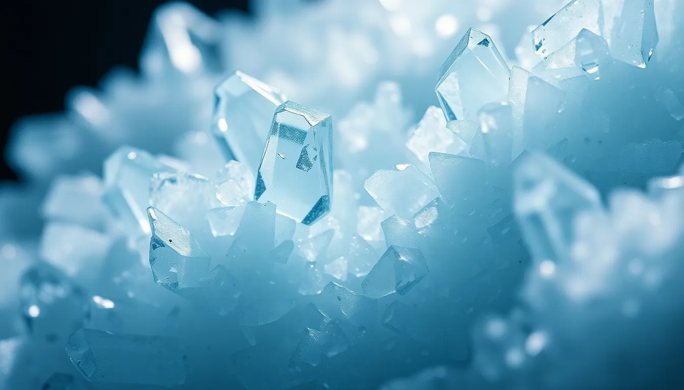 Macro Shot of Stunning Crystalline Structures This captivating macro image presents intricate crystalline structures, captured with stunning detail and clarity. The dramatic side lighting enhances the facets of the crystals, creating a beautiful interplay of light and shadow. Cool blues and whites dominate the color palette, emphasizing their icy brilliance. The shallow depth of field focuses intently on the crystals, inviting viewers to appreciate the natural beauty and complexity of these formations in a striking, artistic manner.