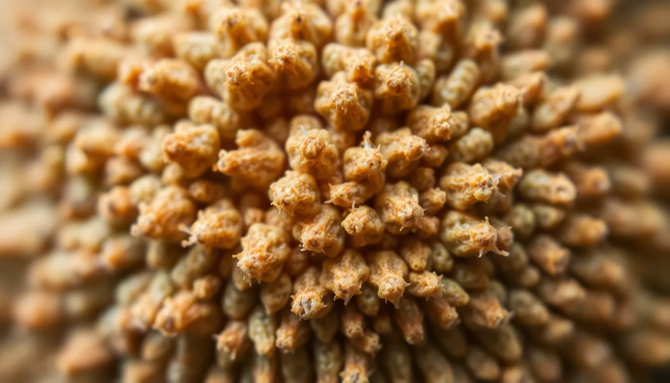This image presents a detailed magnification of fungal spores, revealing the intricate designs and textures in stunning clarity. Captured under soft overcast daylight, the even illumination allows every detail to shine through. The natural muted color palette reflects the subtlety of the fungal life, emphasizing earthy tones. With a centered composition, the unique patterns of the spores are highlighted, creating a captivating view into the microscopic world.