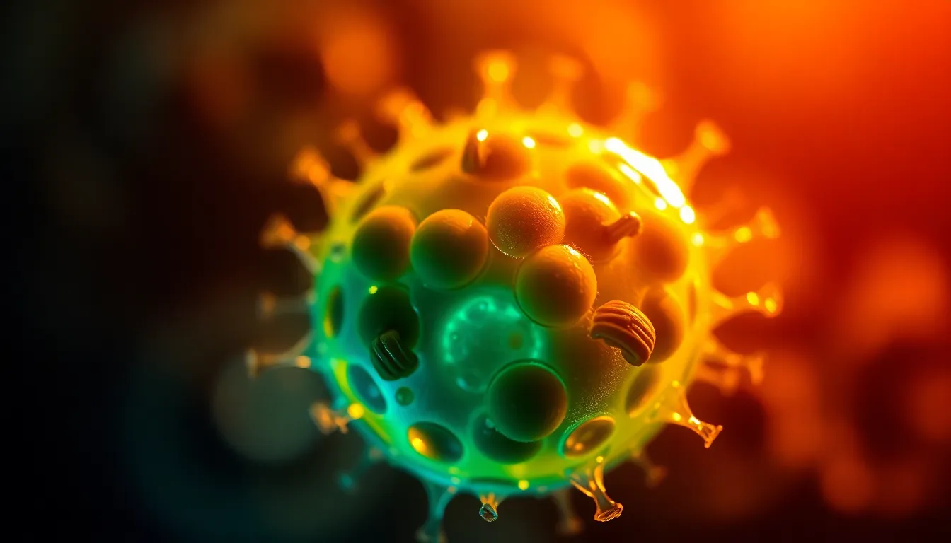 Detailed Microscopic View of a Cell This image captures a stunning microscopic view of a single cell, showcasing intricate organelles and membranes under dramatic side lighting. The vibrant colors, reminiscent of Fujifilm Velvia, highlight the rich greens and blues within the cell structure. With a shallow depth of field, the background fades softly into a blur, emphasizing the cell's details. A centered symmetrical composition draws the viewer's attention, inviting a deeper exploration of cellular biology.