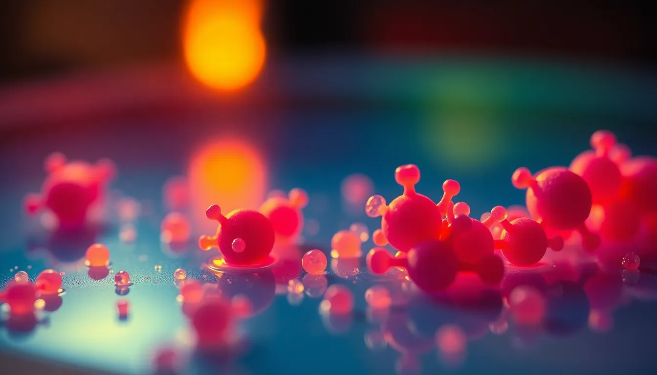 Bacteria Colonies on Agar Gel This striking image captures the detailed view of bacteria colonies growing on agar gel, illuminated by warm tungsten lighting. The macro lens reveals intricate shapes and vivid colors of the colonies, set against a smooth background. With cinematic color grading and a shallow depth of field, the bacteria are sharply focused, drawing attention to their unique forms. The centered composition enhances the overall impact, showcasing the fascinating beauty of microbial life.