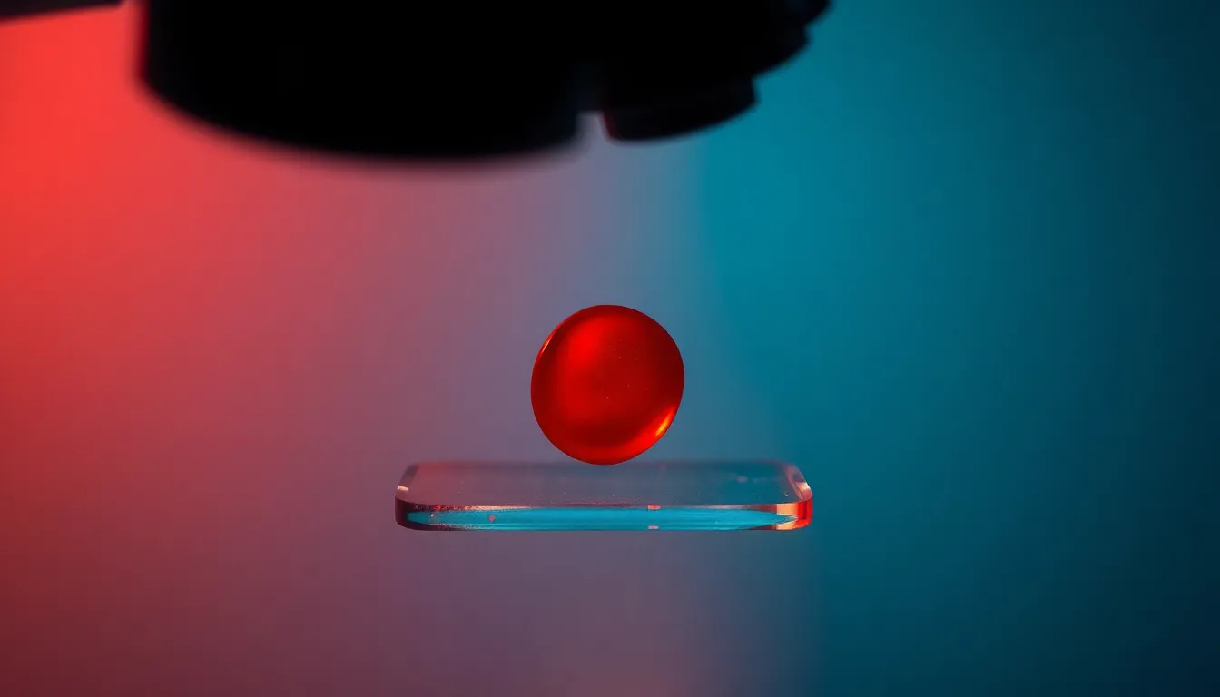 This compelling image captures a microscopic view of red blood cells, illuminated by a studio lighting setup. The butterfly lighting technique accentuates the cells' anatomical features, resulting in a striking contrast against a soft bokeh background. The cinematic teal and orange color palette adds depth to the scene, making it visually captivating. The pronounced textures of the glass and blood cells bring a scientific intrigue to the photograph.