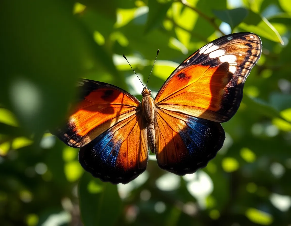 Microscopic View of Butterfly Wings This captivating image captures the intricate patterns of butterfly wings at a microscopic level, illuminated by gentle dappled sunlight. The vivid colors of blue, orange, and brown bring the delicate scales to life, showcasing their beauty and complexity. A shallow depth of field creates a dreamy background, allowing the detailed textures to pop. The centered composition invites viewers to explore the enchanting world of entomology through the lens of microscopy.