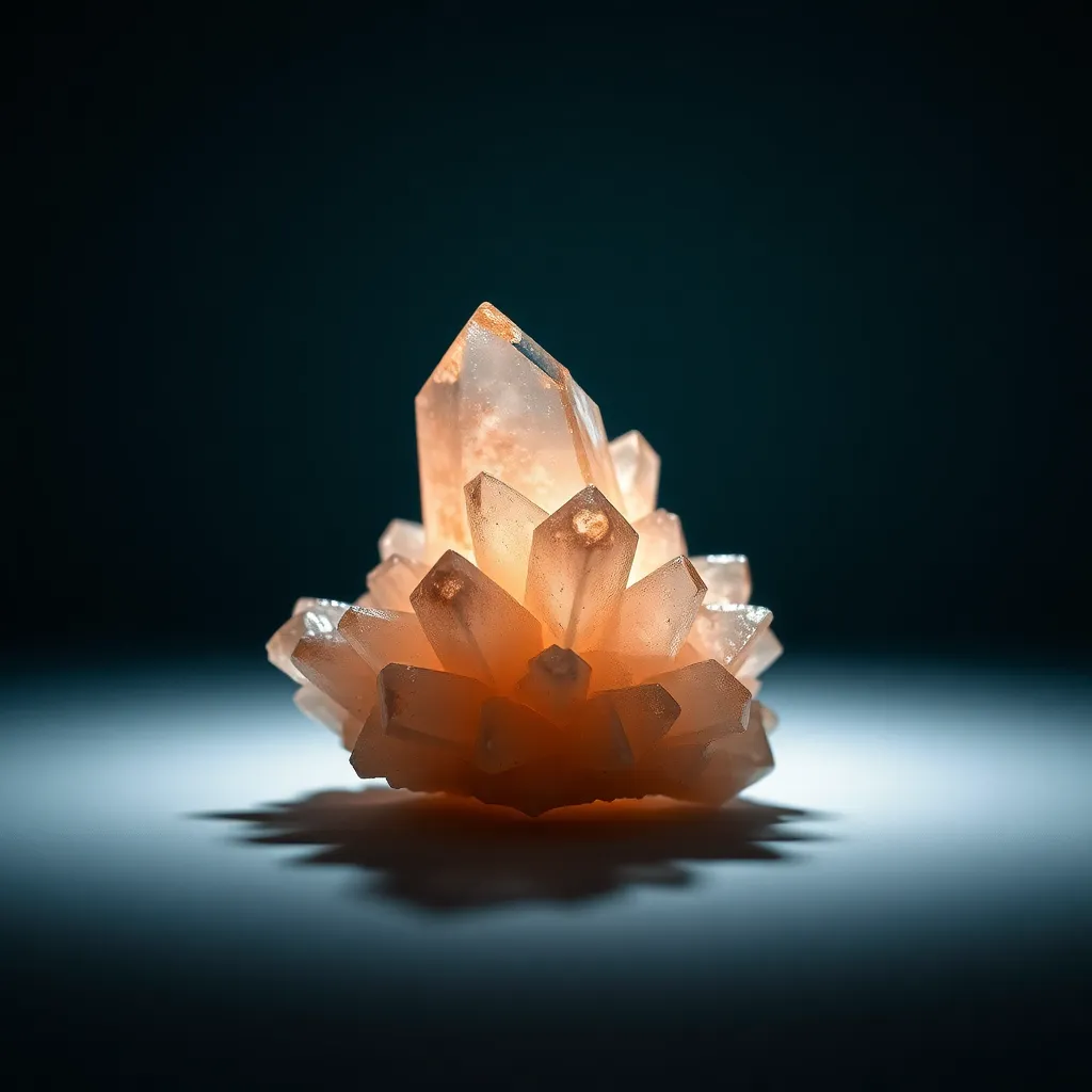 This visually striking image captures an intricately structured crystal illuminated by a focused spotlight. The ethereal bokeh, thanks to a shallow depth of field, creates a dreamlike atmosphere while soft fill light highlights the crystal's unique facets. The cinematic teal and orange color grading enriches the image's contrast. A centered symmetrical composition draws the viewer's attention directly to the stunning details of the crystal, set against a dark, smooth background that enhances its brilliance.
