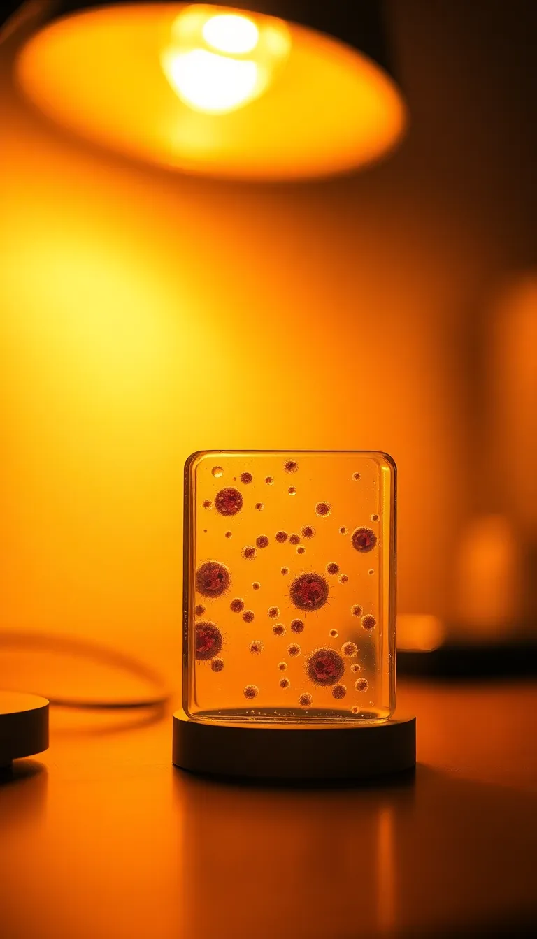 Human Cells Under Warm Light Microscope This intimate image captures a glass slide with human cells viewed under a microscope, illuminated by the warm glow of tungsten light. The shallow depth of field envelops the background in a soft blur, creating a dreamy ambiance. Warm amber tones and golden highlights enhance the emotional warmth of the scene, inviting curiosity. Strategically composed with the slide positioned for maximum impact, the textures of the glass and cell structures are brought vividly to life.