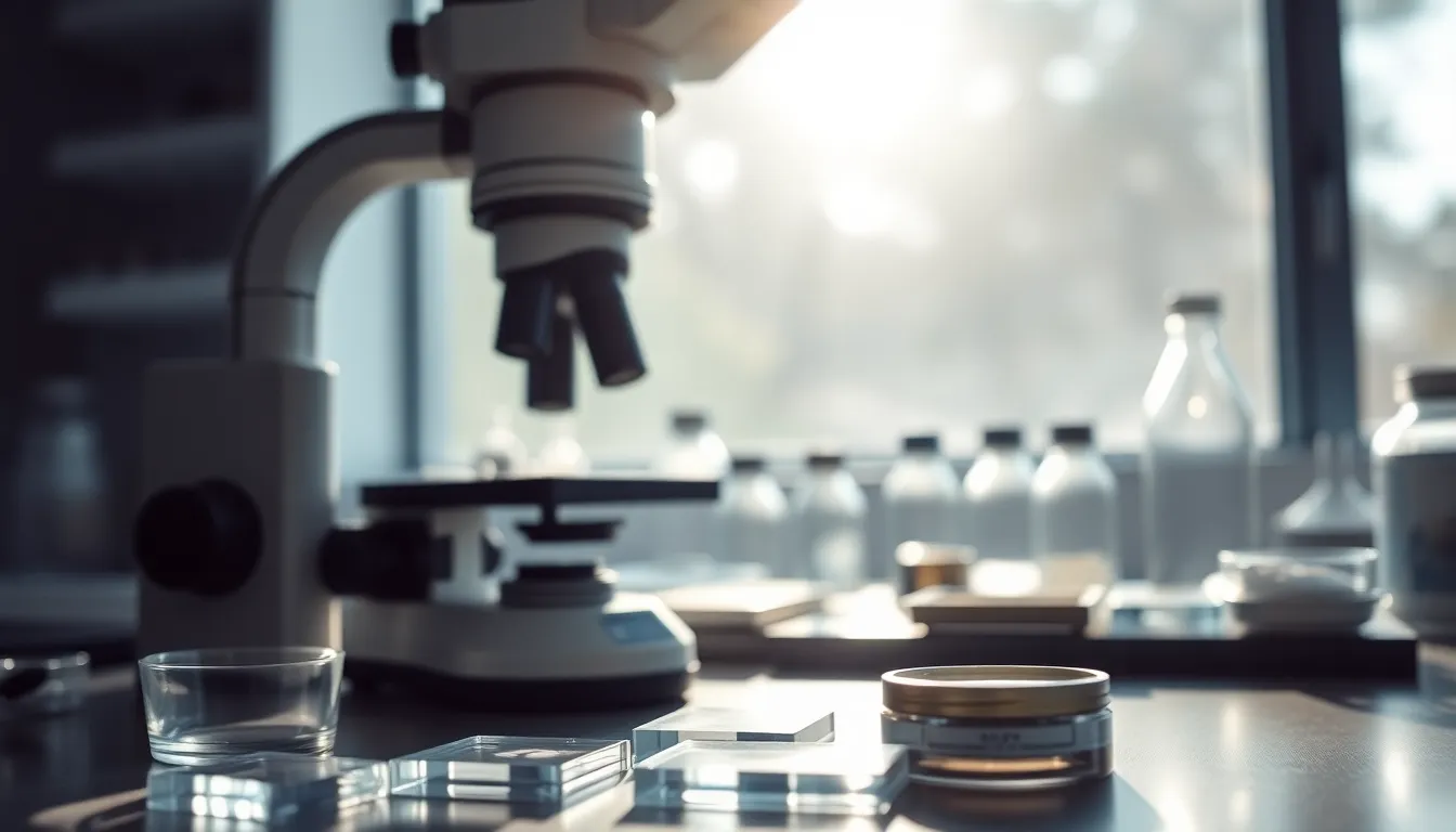 This image portrays a meticulously arranged laboratory workspace featuring a high-quality microscope. Natural sunlight filters in, creating a serene atmosphere with dappled highlights on glass and metal surfaces. The soft color palette incorporates soft blues and greys, emphasizing a clean, scientific environment. The composition effectively guides the viewer’s gaze towards the microscope, while also capturing the detailed textures of the glass slides and laboratory tools.