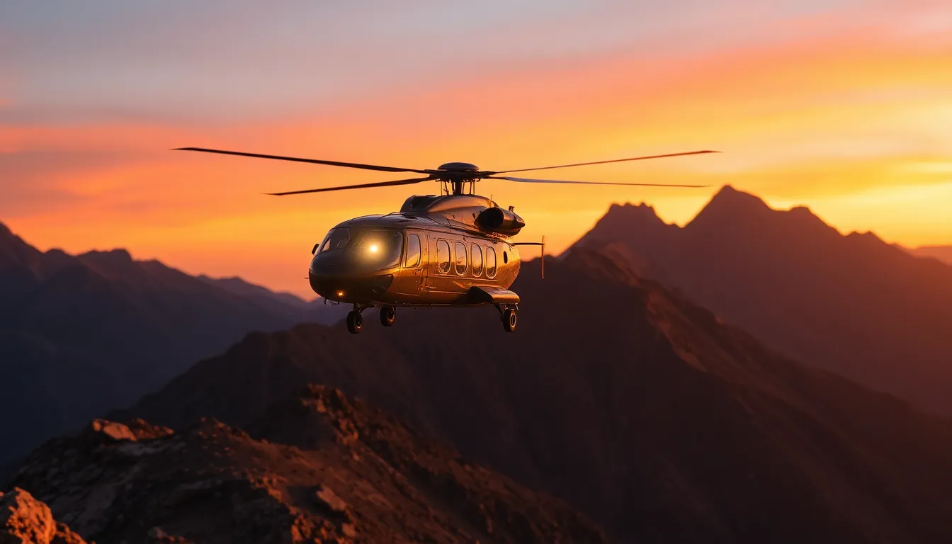 Helicopter Over Mountain Landscape at Sunset