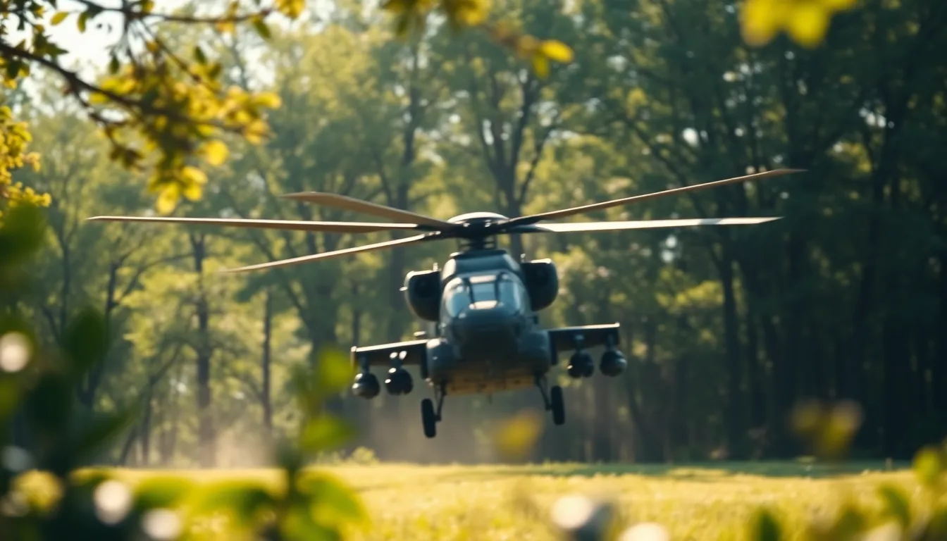 A military helicopter is captured mid-flight during a dynamic training exercise, with sunlight breaking through the surrounding trees. The dappled light creates an interplay of shadows on the ground, while the blades of the helicopter are in sharp focus, emphasizing its motion. The use of natural earthy tones complements the setting, enhancing the authenticity of the military training environment, and the foreground foliage frames the activity, adding depth and intensity to the scene.