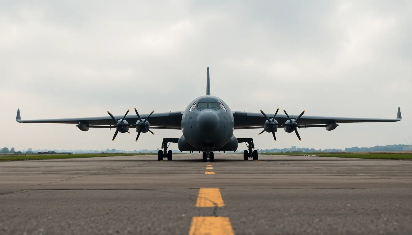 A detailed photograph of a military transport plane stationed on a runway under an overcast sky, showcasing the aircraft's robust design and purpose. The soft, diffused light creates a calm atmosphere, with muted colors reflecting the typical military palette. Gravel in the foreground adds depth, while the leading lines of the runway direct attention to the powerful aircraft. This image captures the unwavering strength and reliability of military transport aviation.