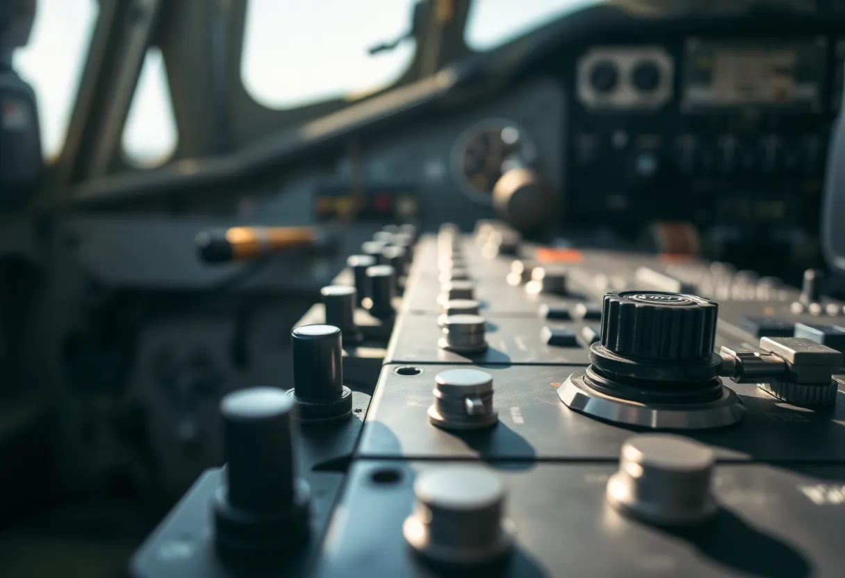 An intimate look at the cockpit controls of a military aircraft, revealing the sophisticated design and functionality of its instrumentation. Natural light streams through a window, casting soft reflections on metal surfaces, giving the image a clean and polished look. The shallow depth of field enhances the focus on the controls, while muted earthy tones evoke a sense of reliability and precision. This photograph offers a unique glimpse into the technology that powers military aviation.