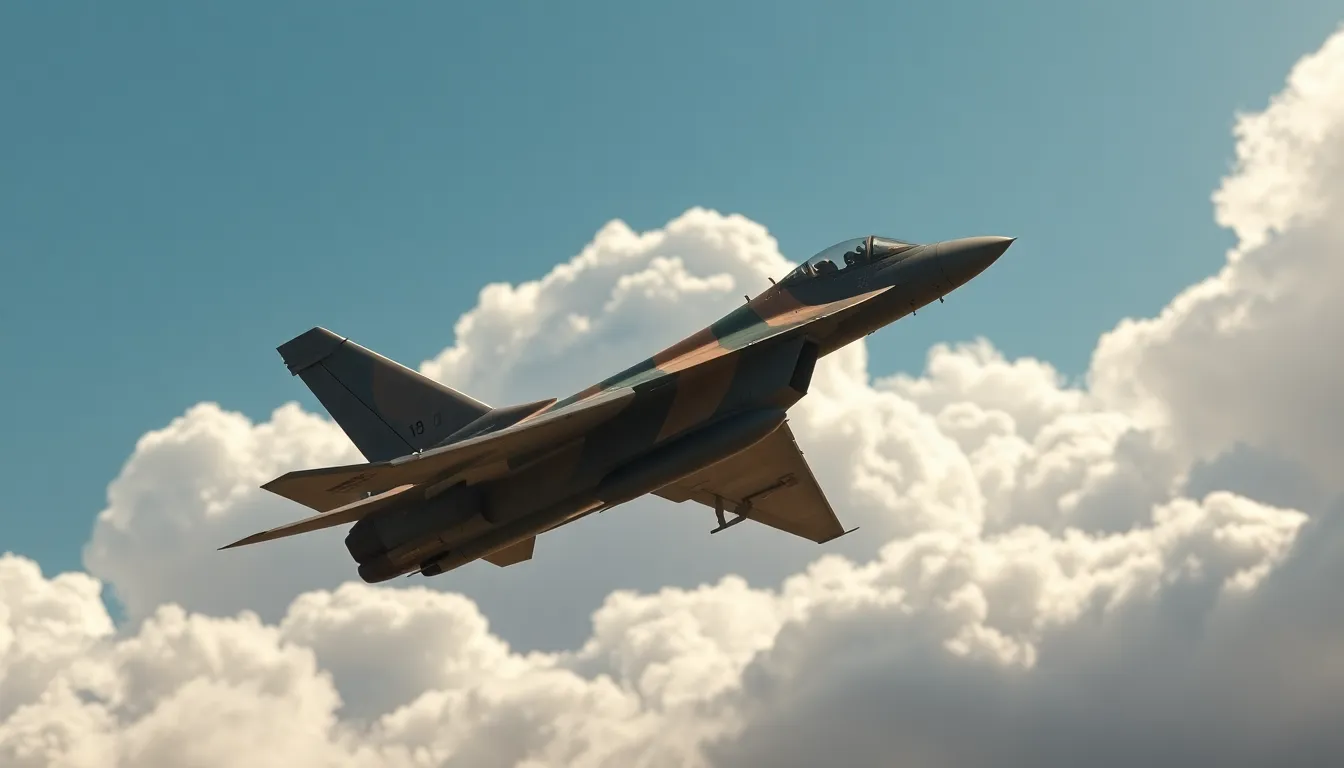 Military Aircraft in Flight Against Blue Sky