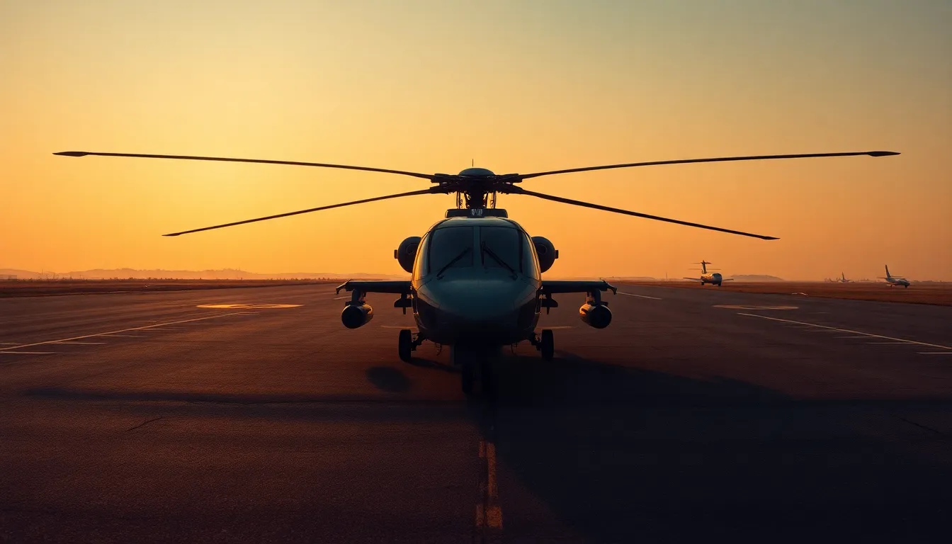 A stunning image of a military helicopter stationed on a tarmac under warm tungsten lighting. The careful composition focuses on the powerful body of the helicopter, showcasing its robust features and intricate details. The warm light creates an inviting contrast against the desaturated tones of the environment. The textured asphalt adds depth to the image, making it a compelling portrayal of military aviation.