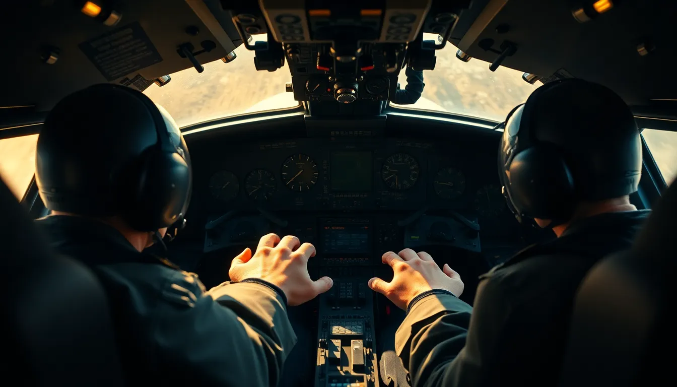 A close-up of a military jet cockpit reveals the intense focus of pilots preparing for takeoff. Interior lights blend with natural sunlight, creating a warm yet focused ambiance that enhances the cockpit's intricate details. The shallow depth of field isolates the pilots' hands on the controls, while the slightly tilted angle adds a dynamic tension to the scene. The muted industrial tones and textured surfaces reflect the serious nature of military operations, capturing a moment filled with anticipation and readiness.