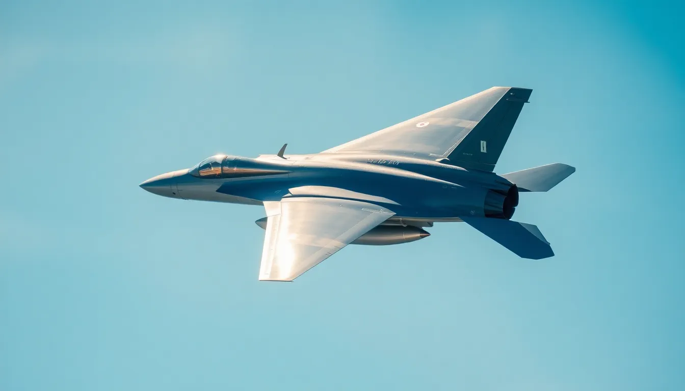 A powerful military fighter jet is captured soaring high in the clear blue sky, representing speed and agility. The sunlight highlights its metallic surface, producing vivid reflections that enhance its dynamic appearance. The composition, with the jet positioned off-center, adds a sense of motion and energy, while the shallow depth of field blurs the background. The image exemplifies the raw power of military aviation against a bright, expansive sky.