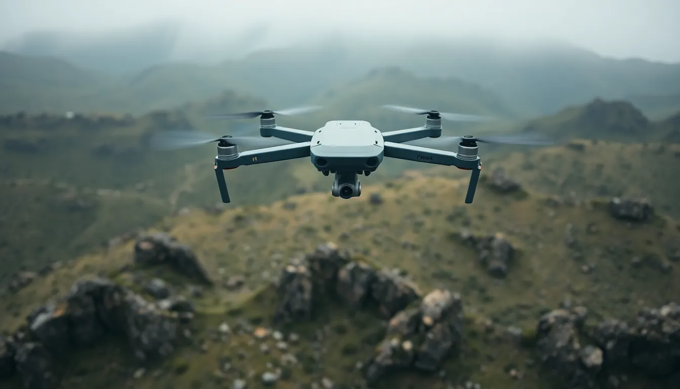 An aerial view of a military drone gliding over a rugged, natural landscape captures the essence of modern surveillance technology in action. Soft overcast lighting provides gentle illumination without harsh contrasts, allowing the muted greens and browns of the terrain to complement the drone. The composition is centered, providing a balanced view, while the shallow depth of field emphasizes the drone, blurring the rich textures of the terrain below and enhancing the focus on the aircraft's sleek design.