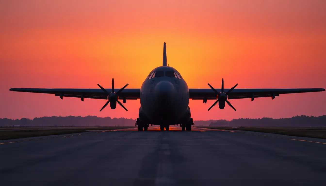 A C-130 military transport aircraft sits on the runway as dusk falls, creating a vivid silhouette against a stunning orange and purple sky. The warm backlighting from the setting sun accentuates the aircraft's shape, while the textured surface of the runway contrasts beautifully with the gradual transition of colors above. The composition draws the viewer's eye along the leading lines of the runway toward the aircraft, creating a serene atmosphere that contrasts with the military nature of the scene.