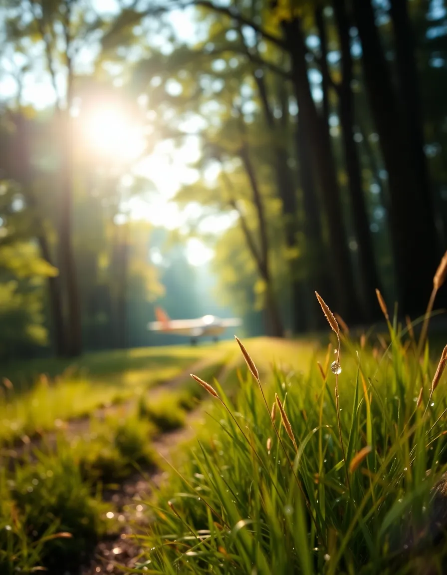 This captivating image features a stealth bomber partially obscured by a dense forest. The soft dappled sunlight creates an enchanting atmosphere, with bokeh highlights bringing depth to the surroundings. The leading lines of the forest path naturally draw the viewer's eye toward the aircraft. Warm colors and lifted shadows enhance the mood, while dew-covered grass adds a refreshing touch to the composition.