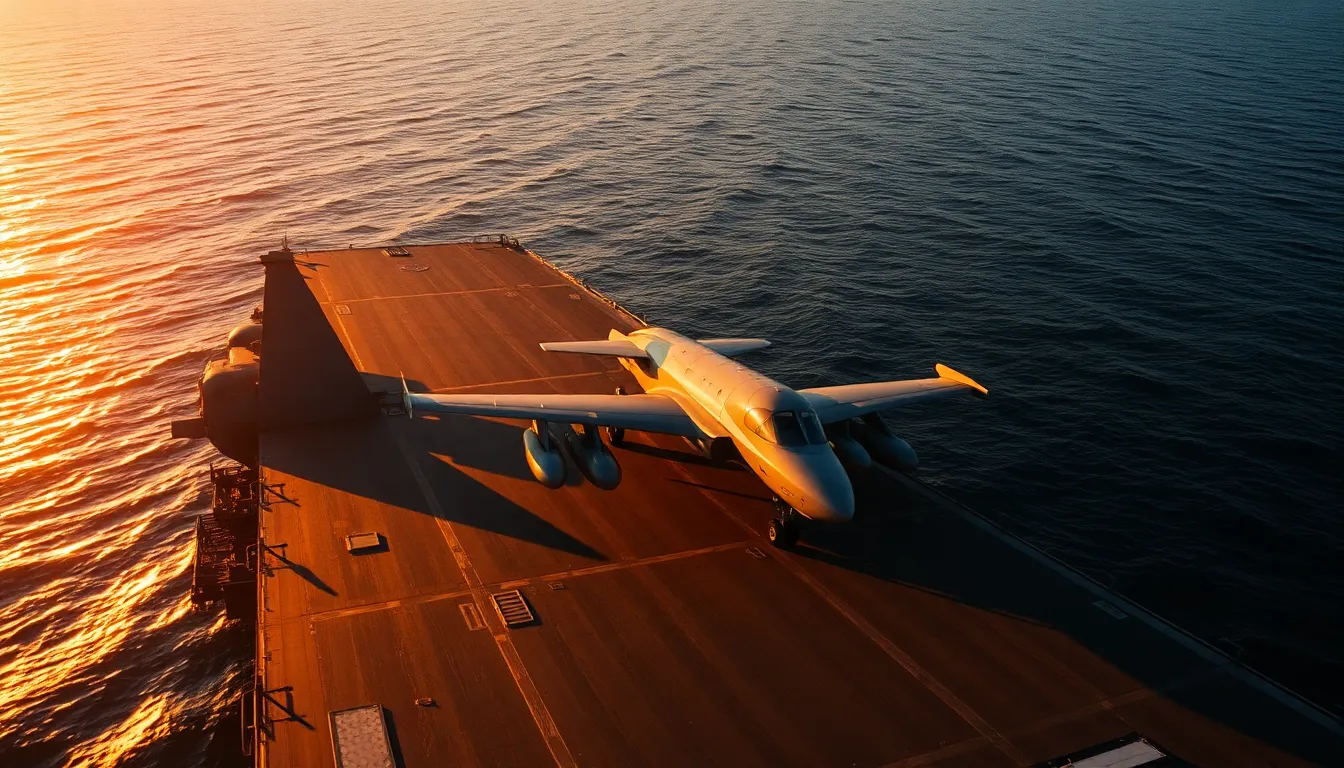 An impressive aerial shot of a military naval ship accompanied by aircraft during a training exercise, bathed in the golden light of sunrise. The warm hues reflect off the ship’s surface, emphasizing its robust structure and the intricate designs of the aircraft perched on the deck. The sharpness throughout the image captures the grandeur of the scene, while the Kodak Portra-inspired color palette enhances the professional and serene atmosphere. This image embodies the seamless coordination of air and sea in military operations.