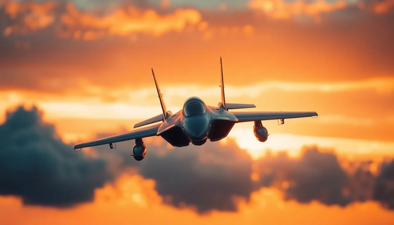 A striking image of a military fighter jet soaring through a vibrant sunset sky, showcasing the power and precision of modern aviation. The warm golden hues reflect off the aircraft's sleek design, accentuating its metallic texture. Soft clouds create leading lines that guide the viewer's gaze towards the jet, captured at a critical moment in its flight. The cinematic color grading enhances the dramatic mood, making this photograph a captivating tribute to military aviation.