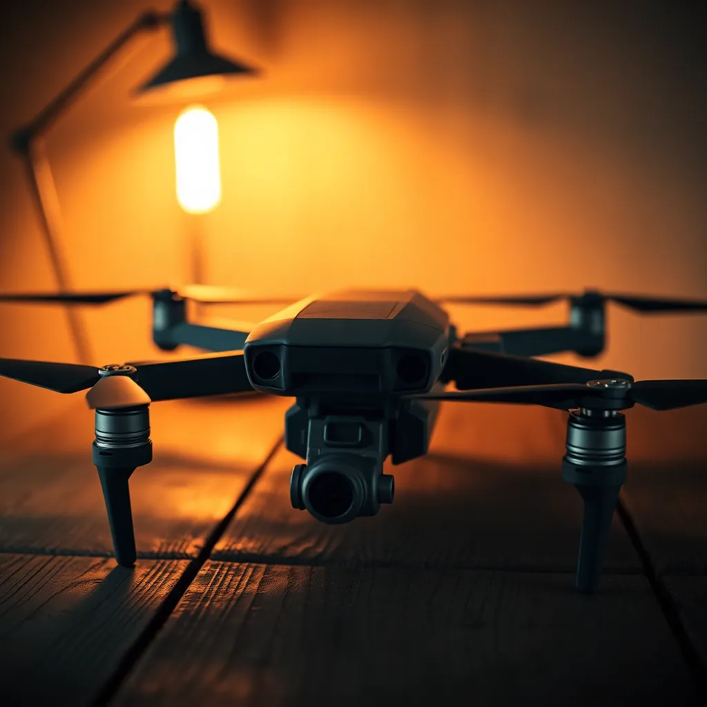 A stunning close-up image of a military drone elegantly displayed on a rustic wooden table, emphasizing the intricate details of its design. The warm glow from a tungsten lamp creates a dramatic effect, casting shadows that enhance the drone’s textures and contours. The rich, muted color palette establishes a serious tone, while the shallow depth of field directs focus to the drone itself. This photograph encapsulates the blend of technology and engineering behind military aviation.