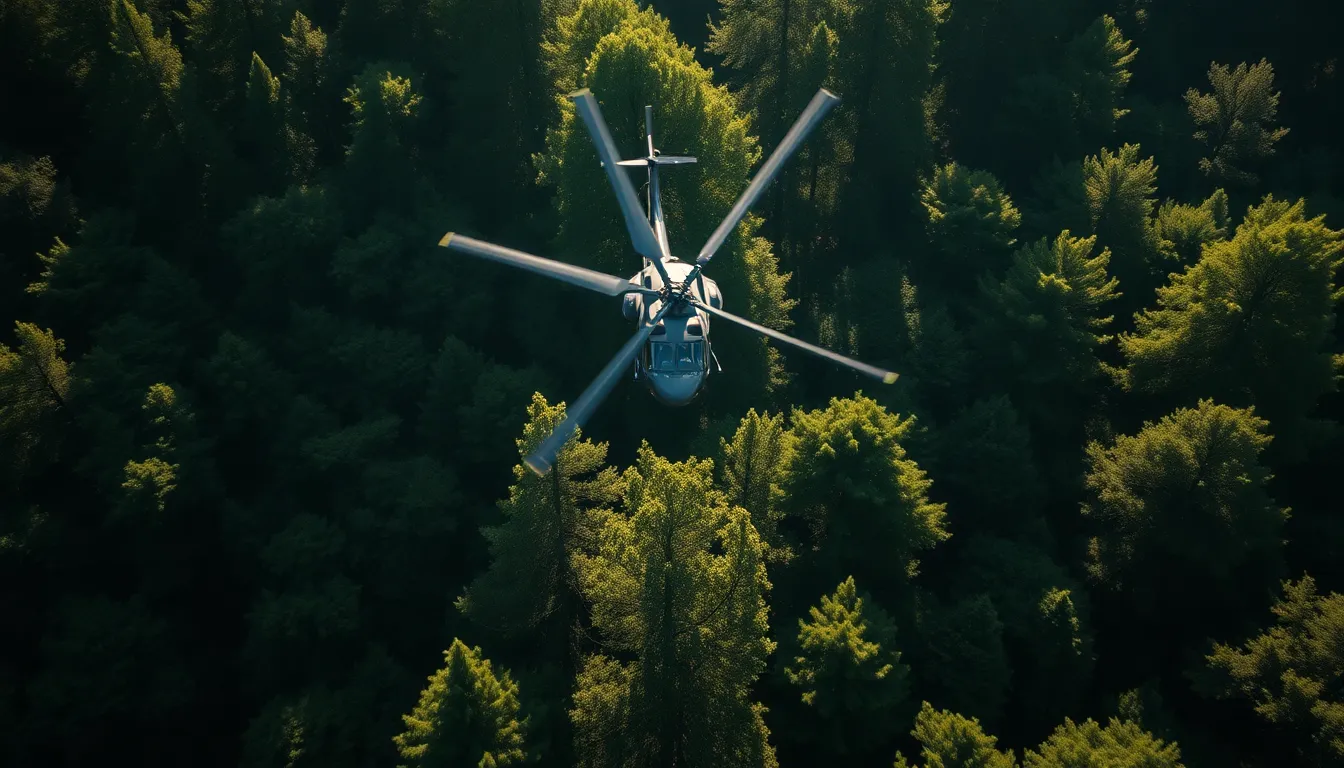 Military Helicopter Hovering Above Forest