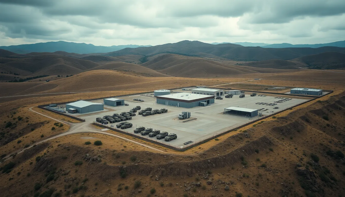 This aerial photograph presents a military base nestled among rolling hills, captured on a cloudy afternoon. The concrete and steel structures, along with military vehicles, offer a glimpse of the facility's activity. The overcast lighting brings out the natural muted tones of the environment while ensuring every detail from foreground to background remains sharp. The off-center composition draws the viewer's eye, evoking curiosity about the operations within the base.