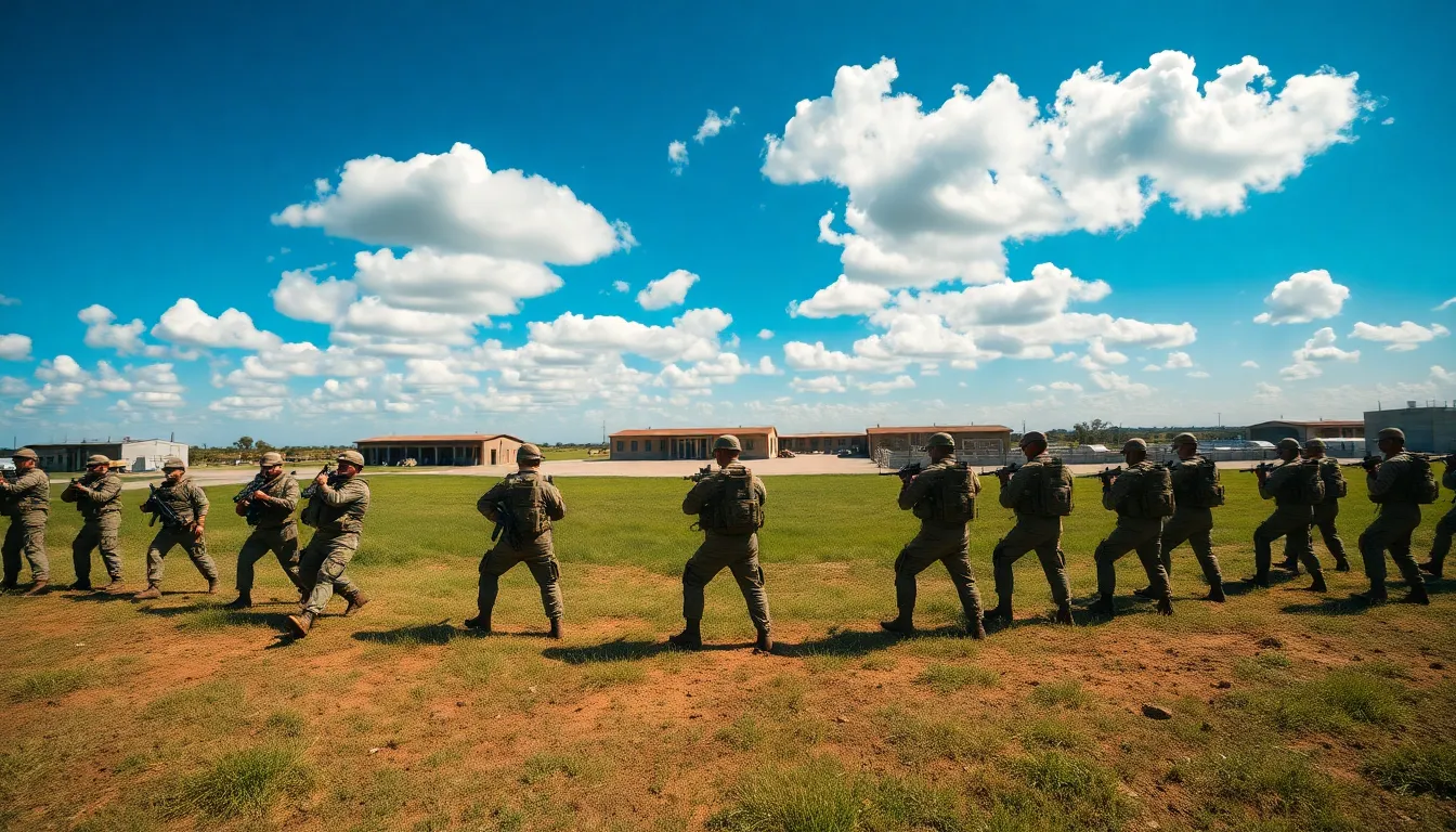 A dynamic panoramic view of a military base during a training exercise, showcasing troops engaged in tactical drills. The clear blue sky and scattered clouds add vibrancy to the scene, perfectly contrasting with the earthy tones of the ground. Sharp focus across the entire image allows for an immersive experience, emphasizing the scale and intensity of the exercise. The arrangement of troops leads the viewer's eye through the composition, reflecting organized chaos and dedication.