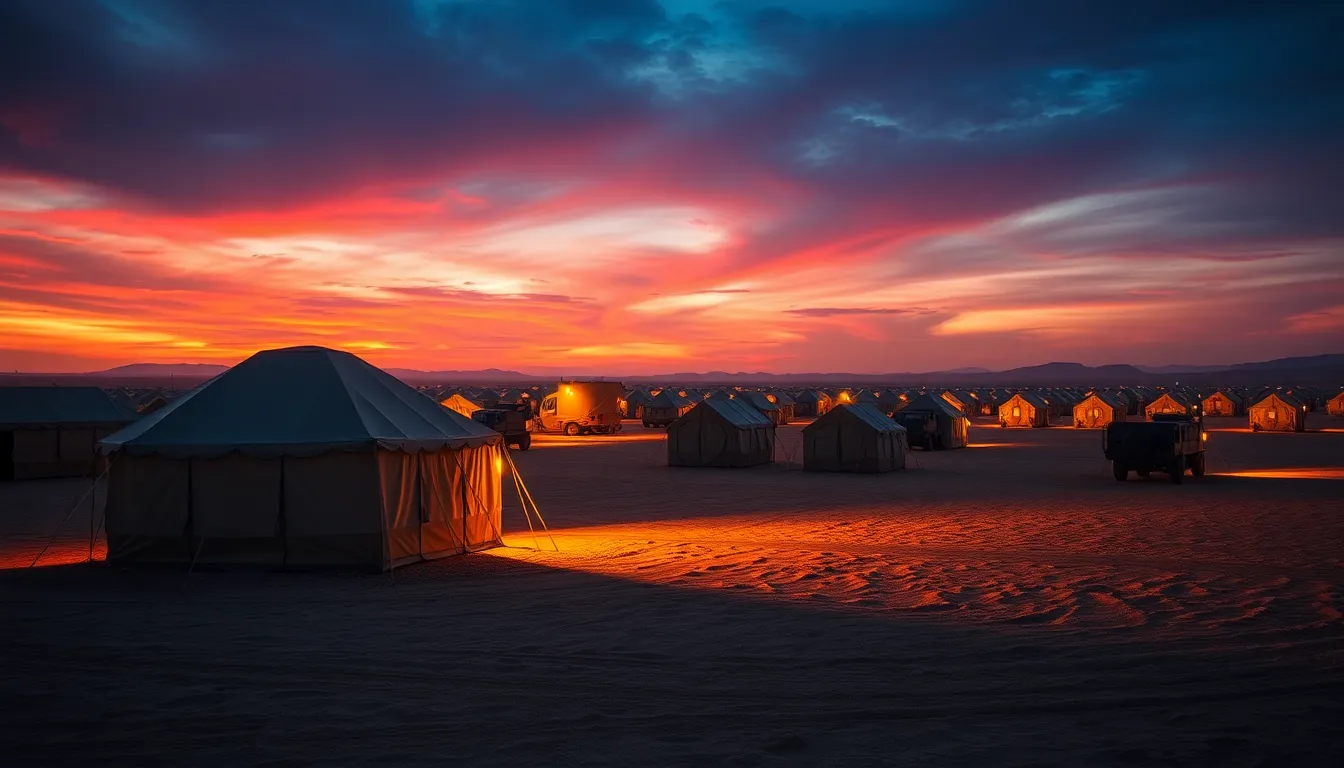 This stunning aerial view captures a well-organized military base nestled amid lush green forests, basking under the clarity of bright midday sunlight. The hyperfocal depth of field ensures that every detail is sharply in focus, from the foreground trees to the distant hills that frame the base. The vibrant greens and deep blues of the color palette evoke a sense of vitality and harmony with nature. The use of leading lines in the composition directs the viewer’s eye throughout the scene, highlighting the meticulously arranged layout of the base.