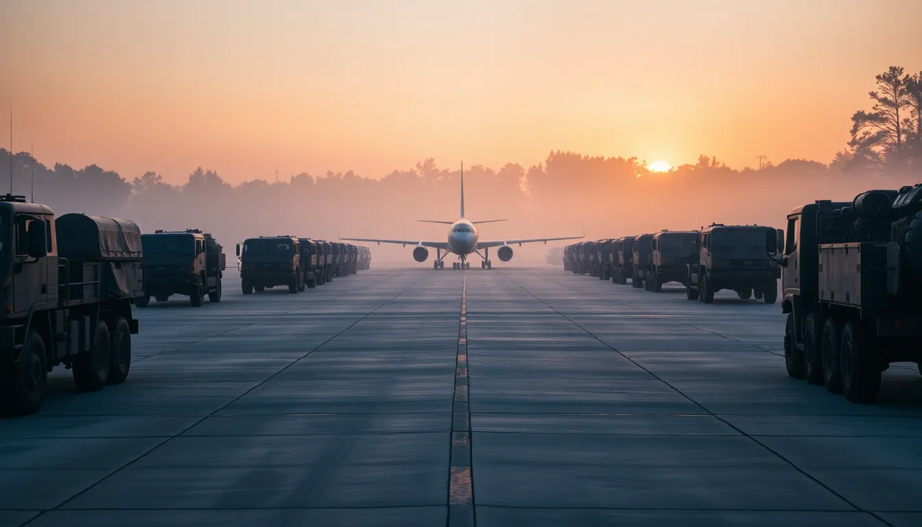 This image captures a military base at dawn, enveloped in mist and bathed in warm sunlight. The foreground features a variety of military vehicles, while the distant runway fades into a softer haze, enhancing the sense of depth. The muted earth tones and golden highlights create a serene yet commanding atmosphere, perfectly suited for showcasing military operations. The composition emphasizes the expansive runway leading the eye into the scene, providing a dynamic viewing experience.
