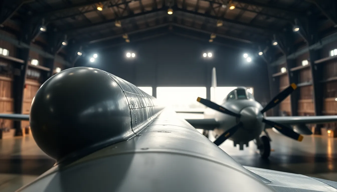 This visually striking image features military aircraft in a hangar, illuminated by dramatic spotlighting. The detailed textures of the metal and paint are captured in stunning clarity, conveying the craftsmanship of the machines. The hyperfocal depth of field ensures every detail is crisp, while muted tones evoke a sense of seriousness typical of military settings. Leading lines from the hangar architecture guide the viewer’s gaze toward the aircraft.