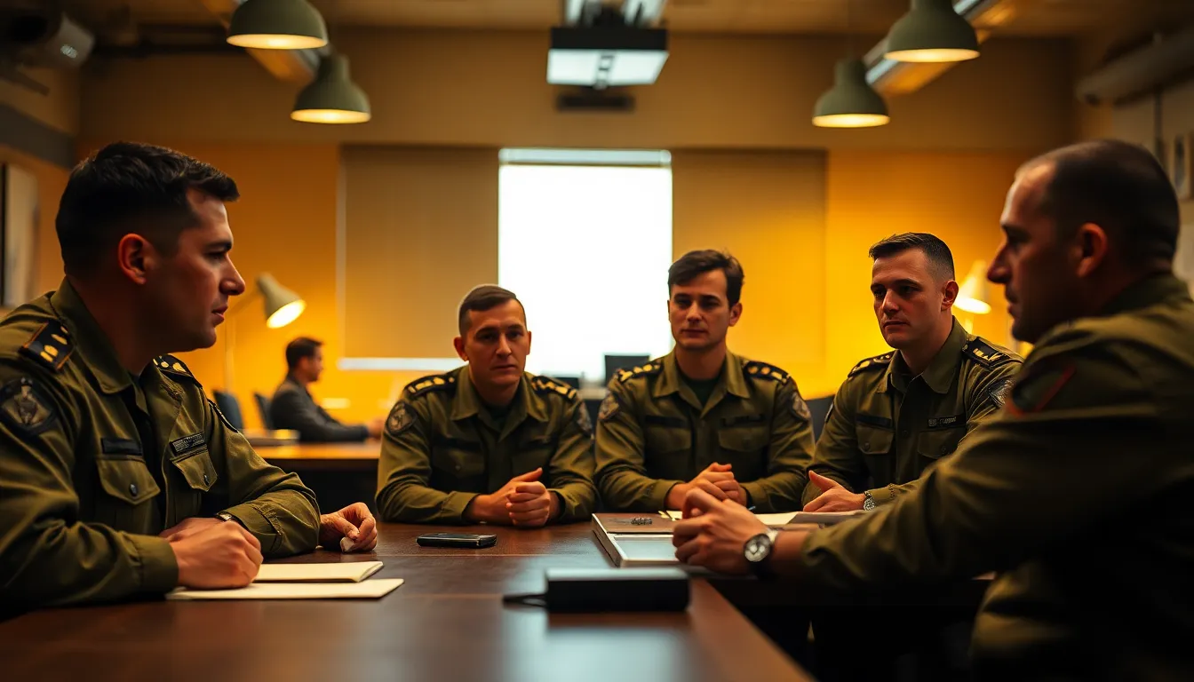 This intimate photograph captures a military strategy meeting within a command center, illuminated by warm tungsten desk lamps. Officers in uniform engage in serious discussions, their expressions focused and intent. The shallow depth of field beautifully isolates them against a softly blurred background, emphasizing the weight of their deliberations. With warm skin tones and a well-composed layout, this image conveys the gravity and camaraderie found in a military command environment.