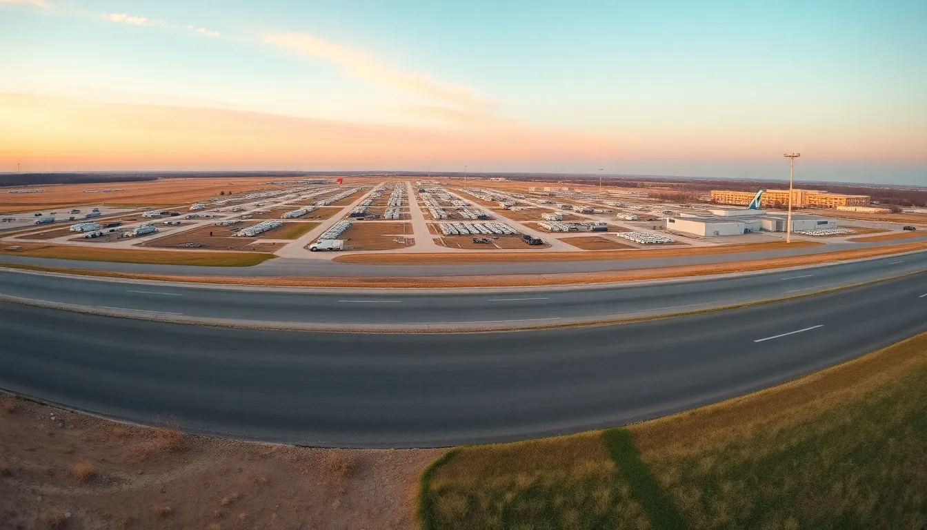 A breathtaking panoramic view of a military base at sunrise, bathed in soft light that enhances the tranquil setting. The scene features a sharp focus across the landscape, showcasing the layout of the base against a pastel sky. Leading lines from the access road guide the viewer's eye through the composition, while the contrasting textures of grass and concrete add depth. This image beautifully captures the calm before the day begins in a military environment.