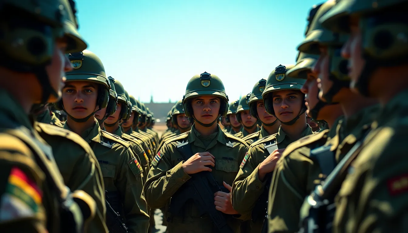 A dramatic close-up of soldiers participating in a tactical training exercise deep in a forest. The scene is beautifully lit by dappled sunlight, creating an interplay of light and shadow on their focused faces. Dressed in camouflage, the soldiers display a mixture of determination and teamwork, making the viewer feel the intensity of their training. The cinematic teal and orange color grading accentuates the natural environment, further immersing the viewer in the scene.