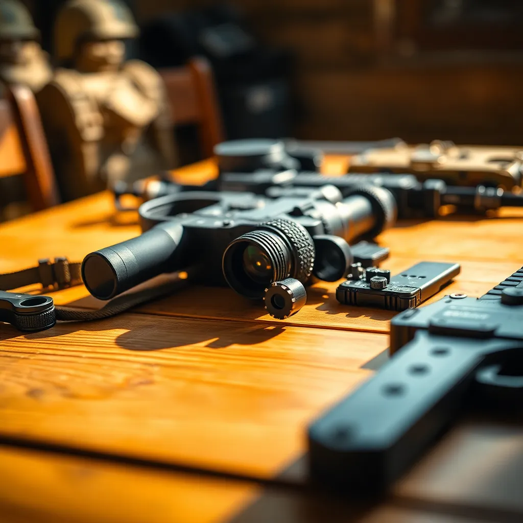A close-up view of military gear showcases the fine details on a rustic wooden table, illuminated by warm, natural light. The image captures the reflective surfaces of the gear, emphasizing its rugged design while the table's grain adds depth. The shallow depth of field enhances focus on the equipment, creating a soft background. This arrangement invites viewers to appreciate the intricacies of military life through texture and color.