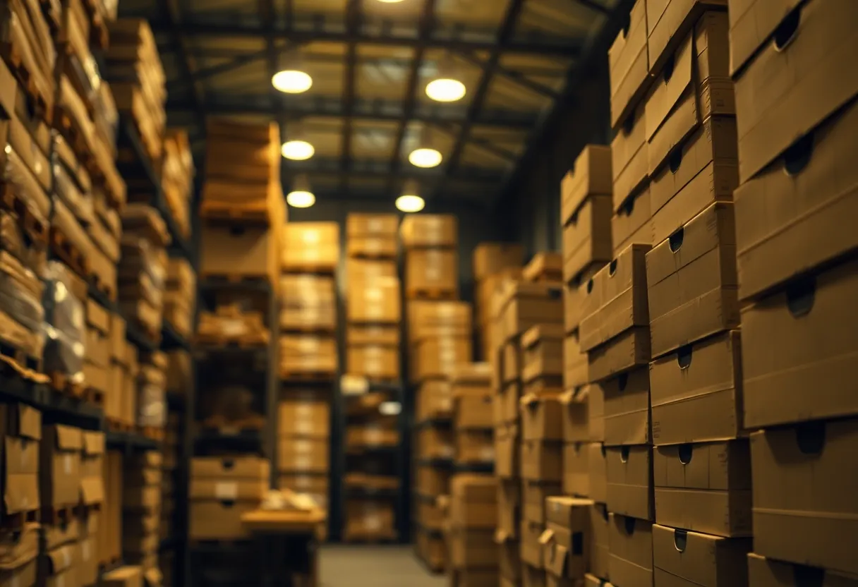 This macro shot captures a meticulously organized stack of military supplies inside a warehouse. Warm tungsten lighting creates a cozy atmosphere, highlighting the textures of wood and cardboard materials. The shallow depth of field focuses on one stack, allowing surrounding items to fade into a gentle blur. The warm color palette evokes a feeling of industriousness, emphasizing the importance of preparedness and organization within the military supply chain.