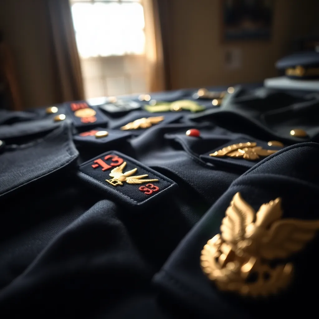 This macro flat lay image showcases the intricate details of military insignias on various uniforms, arranged thoughtfully to highlight their unique textures and colors. Gentle natural light creates a soft glow that enhances the deep navy blues and metallic golds of the insignias. The selective focus on the textures draws the viewer's eye, celebrating the craftsmanship and symbolism of military attire. The use of an odd number of insignias adds visual interest and balance to the composition.