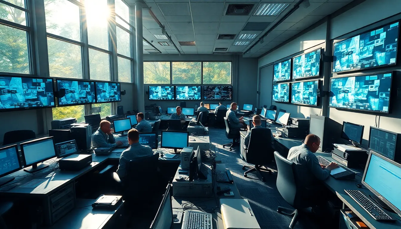 This immersive image showcases the interior of a military command center, brimming with high-tech equipment and personnel engaged in strategic operations. The play of natural morning light creates an inviting atmosphere, emphasizing both the sophistication of the technology and the focus of the soldiers. The crisp depth of field ensures intricate details are captured, making the viewer feel as if they are witnessing a pivotal moment in military strategy. The overall cool color palette and leading lines create a seamless flow within the composition.