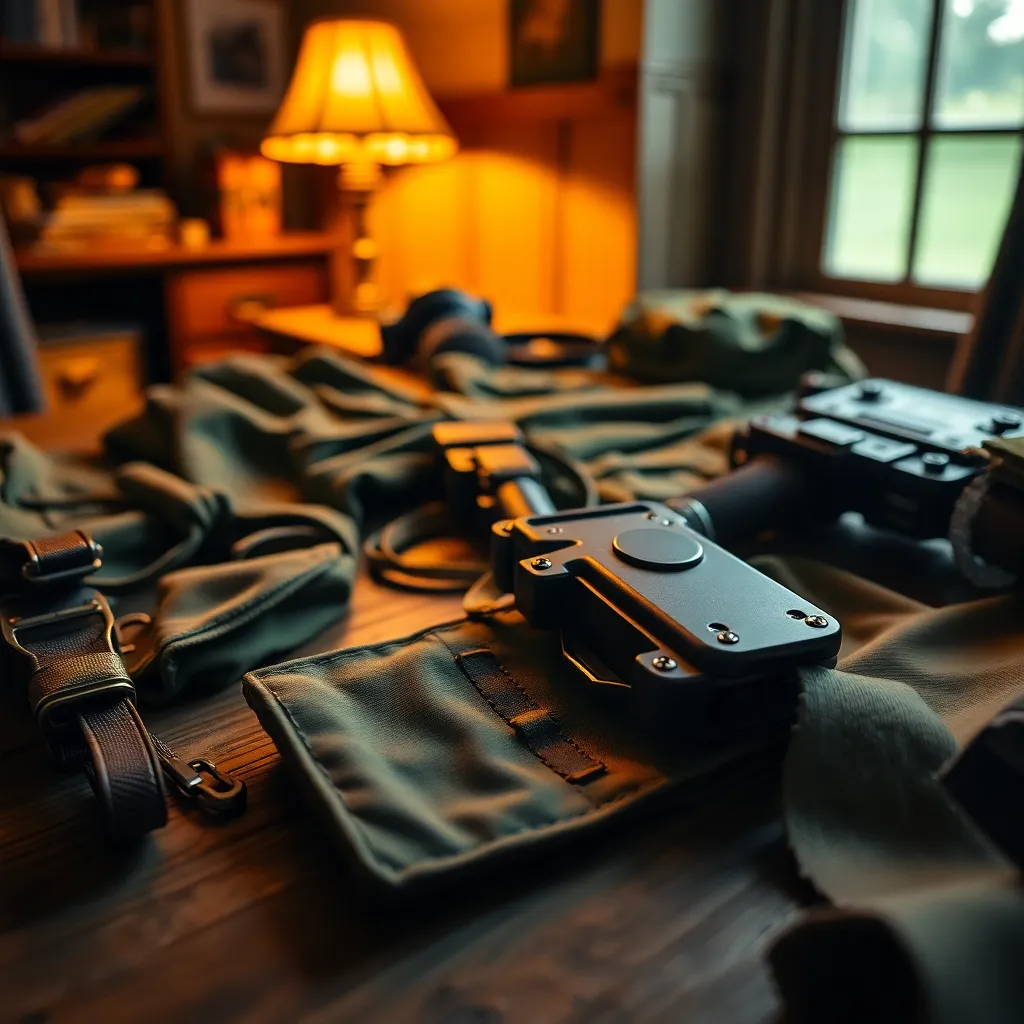 A stunning close-up of military gear artfully displayed on a weathered oak table, showcasing the intricate textures and details of the equipment. Illuminated by a warm tungsten light, the materials come alive with rich colors and sharp contrasts. The shallow depth of field draws attention to the gear while softly blurring the background, creating a tactile and engaging visual experience. This image captures the essence of military readiness and attention to detail.