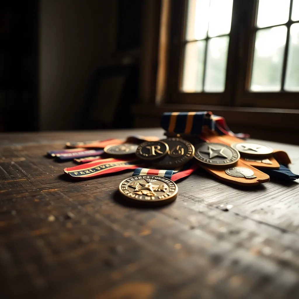 Close-Up of Military Medals on Weathered Wooden Table This intimate close-up photograph showcases military medals elegantly displayed on a weathered wooden table. The soft afternoon light filters through a nearby window, illuminating the intricate designs of the medals. The shallow depth of field creates a smooth bokeh around the medals, emphasizing their significance and history. The composition centers the medals in the frame, while the textured wood adds warmth and context to this meaningful portrayal of valor.