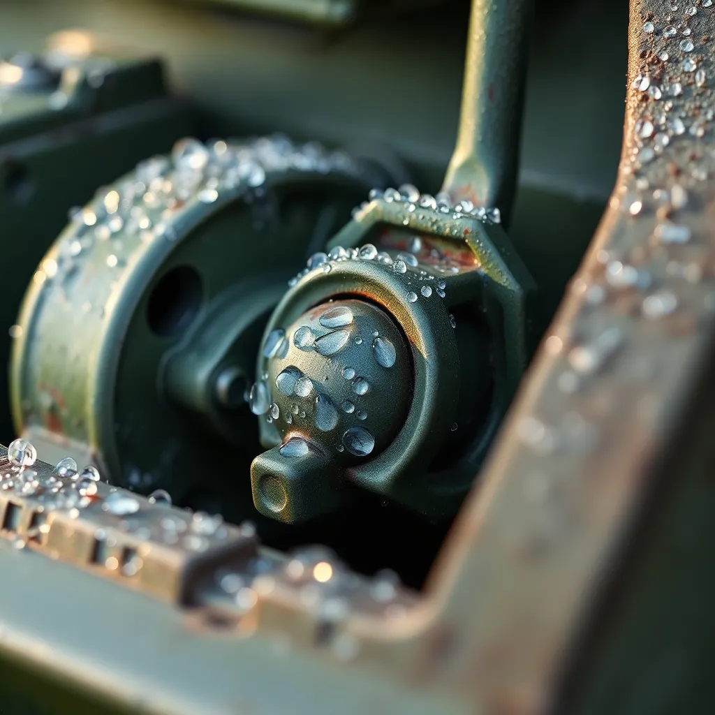 A macro shot of military equipment reveals stunning details, accentuated by glistening morning dew. The soft early light enhances the textures and colors, showcasing the metallic and green surfaces. Each droplet adds an element of freshness and beauty to this utilitarian subject, conveying the intersection of functionality and nature. This image serves to highlight the care and attention given to equipment even in the military, offering a unique perspective.