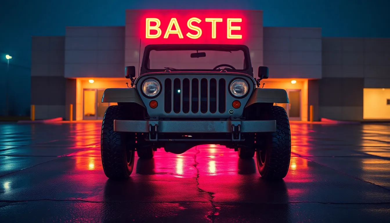 Military Jeep Under Neon Lights