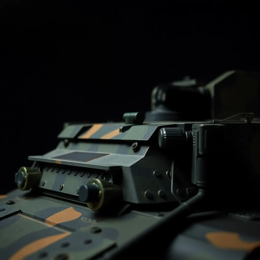 This close-up image highlights the intricate details of a camouflaged armored vehicle, capturing its robust and textured surfaces. Studio lighting enhances the vehicle's features, casting soft highlights that reveal its rugged design. The muted greens and browns reflect typical military camouflage, conveying a sense of stealth and readiness. The carefully composed shot focuses on the vehicle against a dark backdrop, emphasizing its significance within military operations.