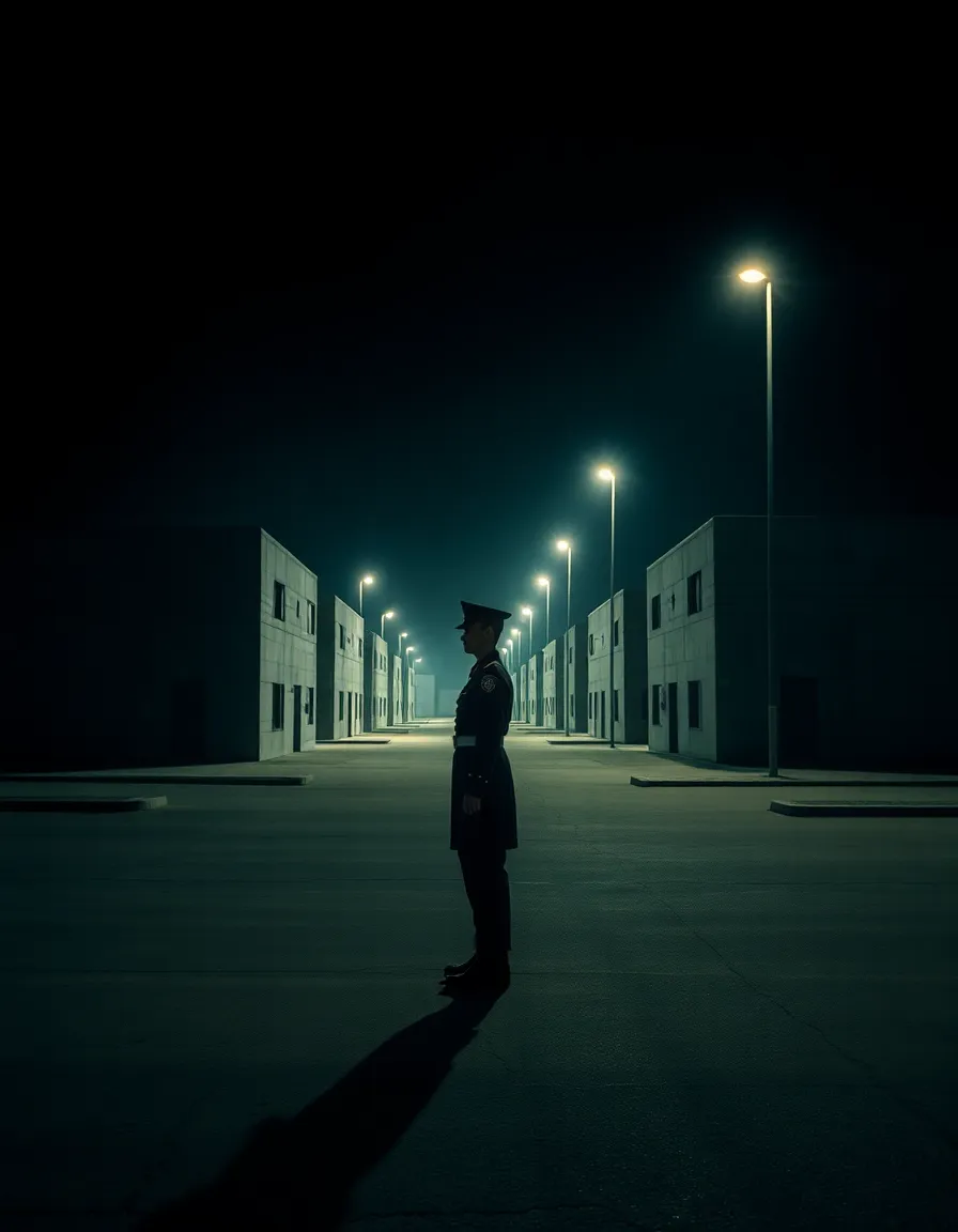 A striking nighttime image of a military base, highlighted by floodlights illuminating key structures and a lone guard on duty. The dramatic contrasts between light and shadow create a powerful visual narrative, emphasizing the discipline and vigilance required in military life. With deep blues and warm highlights, the scene conveys a sense of calm yet alertness. This composition reflects the essence of duty and the architectural strength of military infrastructure.