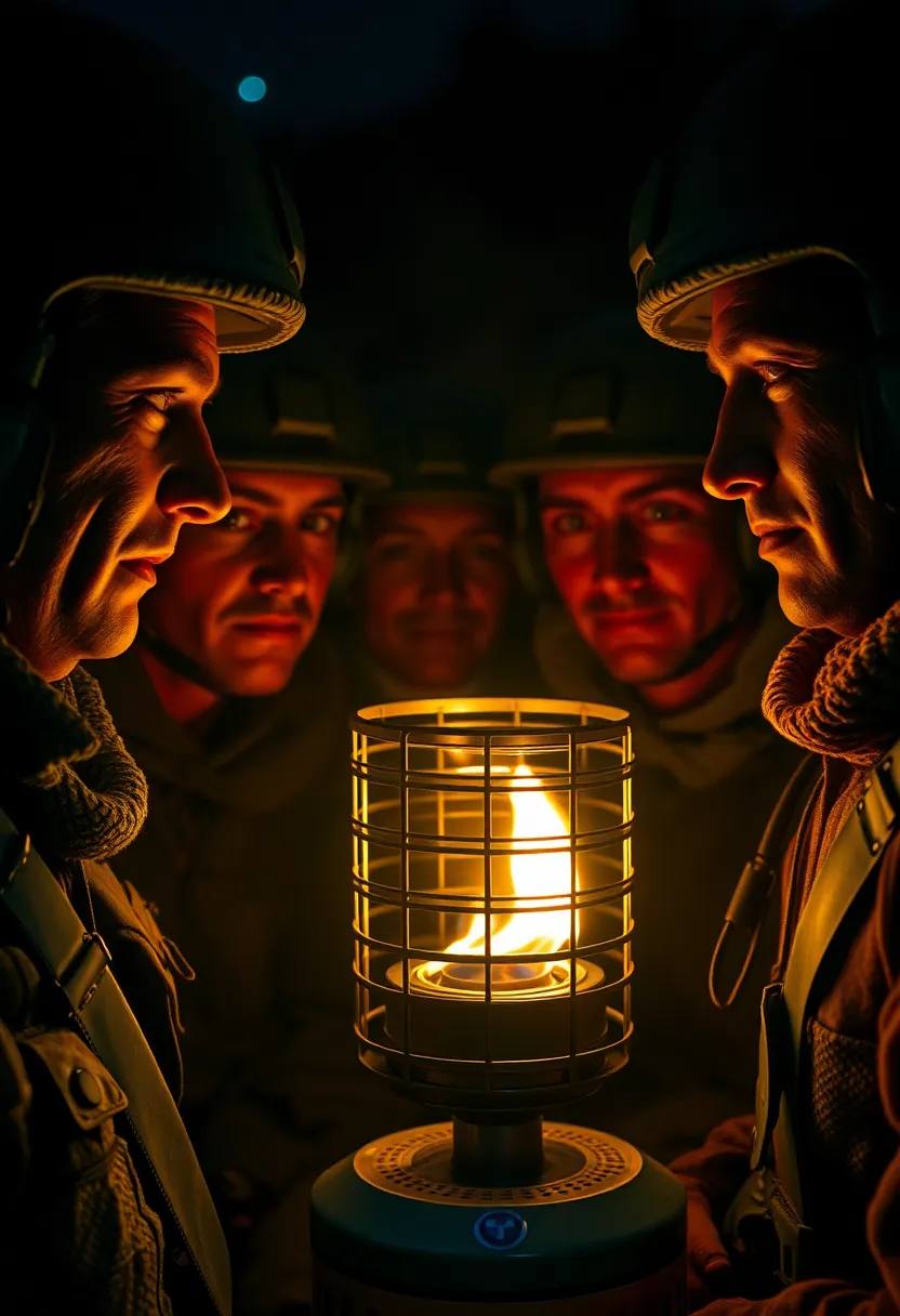 In the warmth of a campfire, soldiers gather around a portable heater amidst the cool night air, their expressions revealing camaraderie and resilience. The flickering firelight casts a warm glow on their faces, highlighting the details of their skin and uniforms against the cinematic teal and orange backdrop. The centered composition emphasizes their connection, complemented by the contrasting textures of military gear and soft fabrics, evoking a sense of unity in a rugged environment.